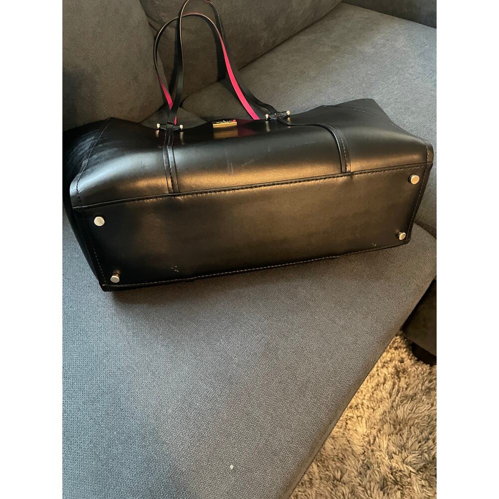Kate Spade Black Leather Tote Bag Magenta Interior Gold Hardware Work Travel Bag - Picture 5 of 9